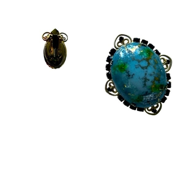 Vintage Brooch and Clip Earrings Set Green and Aqua Rhinestone rare 1960s - Picture 10 of 13
